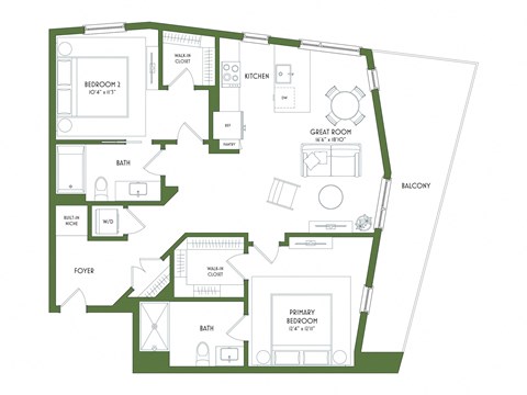 Floor plan for 2 beds, 2 baths, 1062 sqft